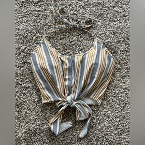 Kortni Jeane Women's Halter Tie Bikini Swim Top in Grey Gold Stripe Size Medium